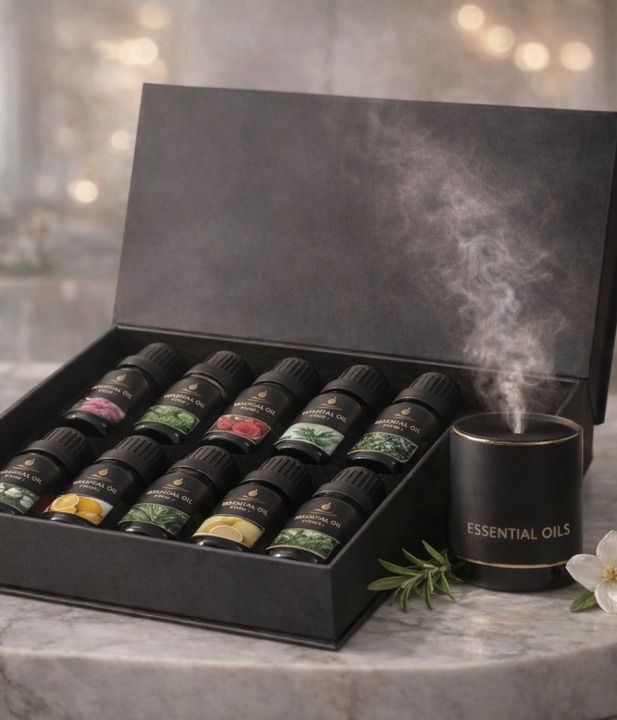 Aromatherapy essentials on marble countertop